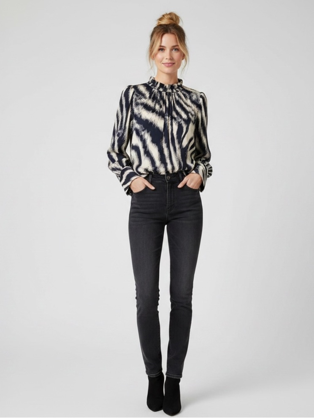 Maison d’ Amelie | Silky blue and white long sleeve lightweight blouse medium